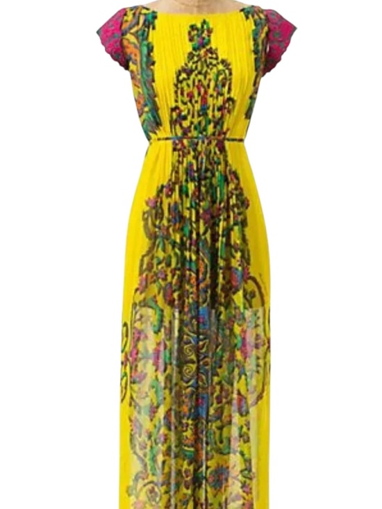 HEMANT & NANDITA Dresses & Skirts - HEMANT & NANDITA Yellow Floral Print Maxi Dress with Pink Cap Sleeves
